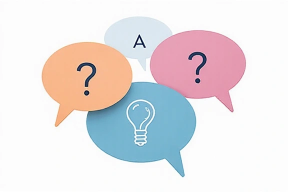 Abstrakcyjny obraz symbolizujący pytania i odpowiedzi, dymki dialogowe lub żarówka