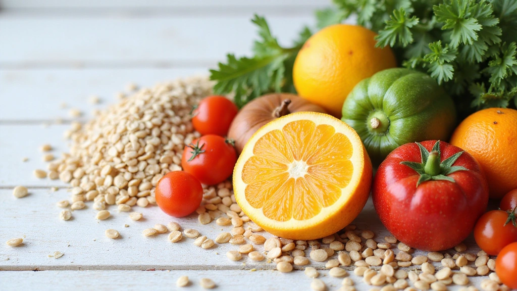 Estetycznie ułożone świeże, zdrowe jedzenie: owoce, warzywa i ziarna.