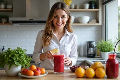 Kobieta przygotowująca zdrowy koktajl owocowy.