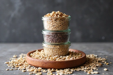 Stos różnych rodzajów zdrowych ziaren i nasion.